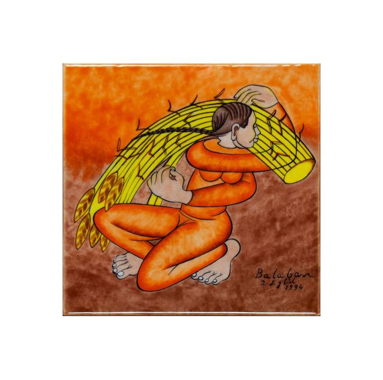 Başak Taşıyan Kadın İznik Çini Pano, Ressam İbrahim Balaban (30x30cm) - Panolar