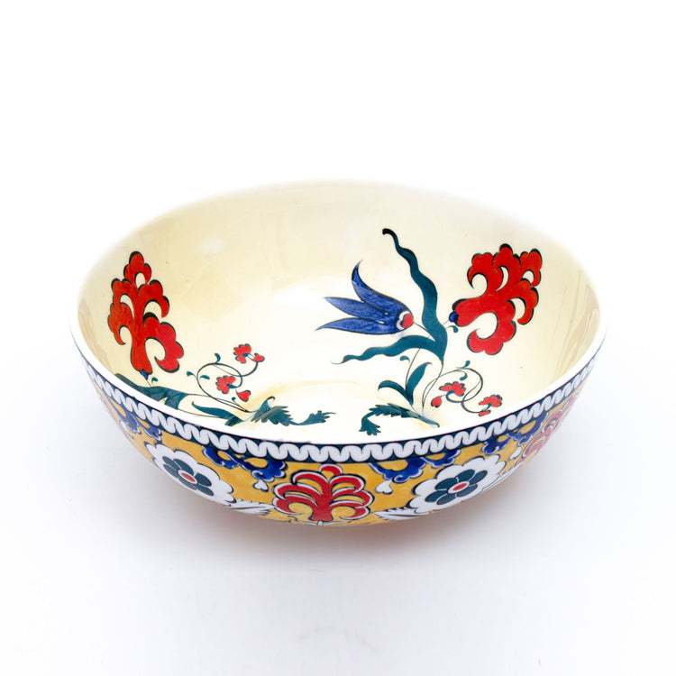 Kırmızı Zambak ve Mavi Lale İznik Çinisi Kase - Sarı Zeminli - Kaseler