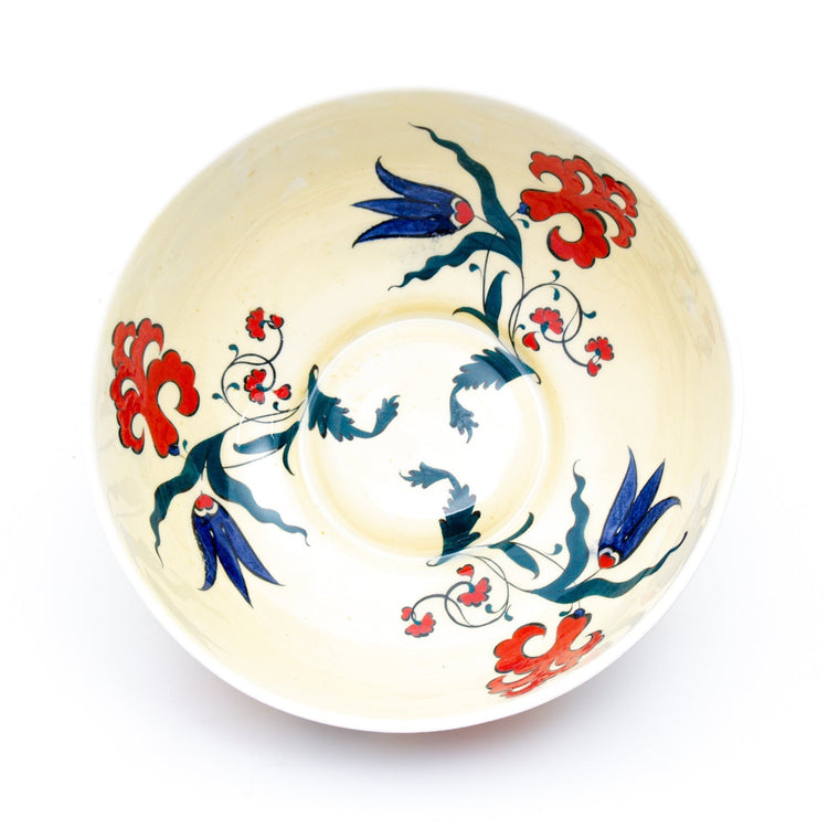 Kırmızı Zambak ve Mavi Lale İznik Çinisi Kase - Sarı Zeminli - Kaseler