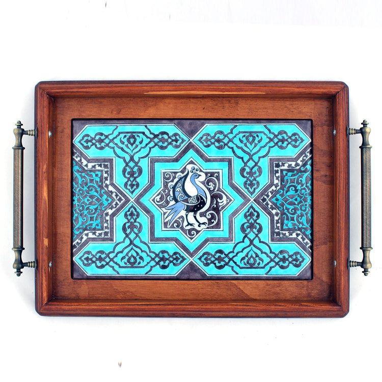 Selçuklu Tavus Kuşu Desenli İznik Çinisi Tepsi -