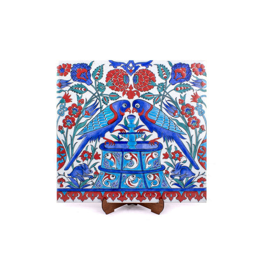 Çeşme Başında İki Kuş Desenli İznik Çini Karo - Karolar