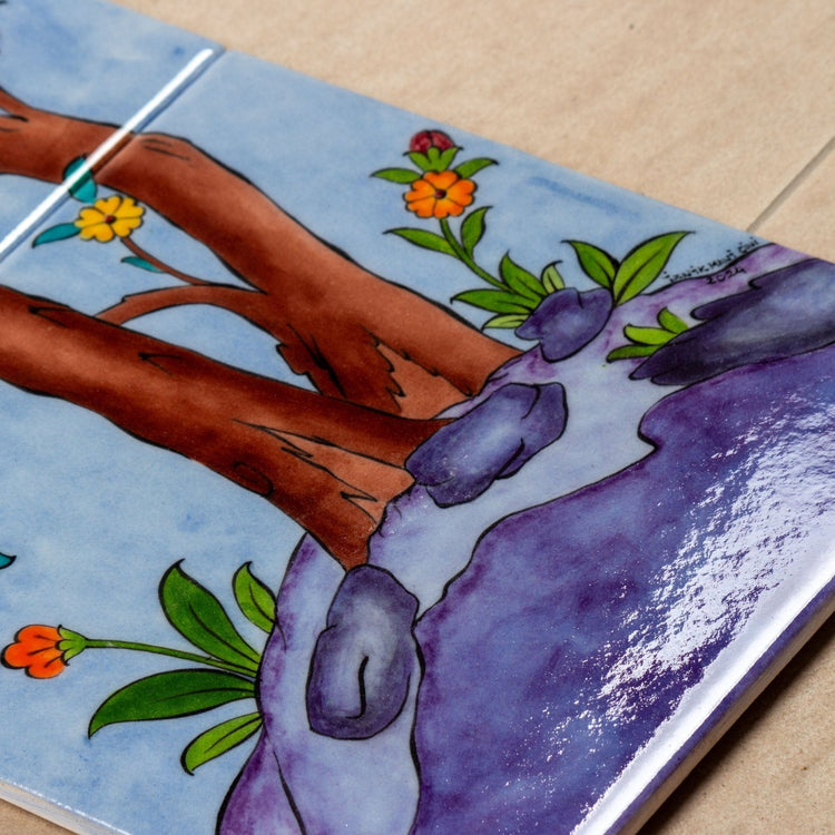 Dağlar Arasında Selvi Desenli İznik Çini Pano - Panolar