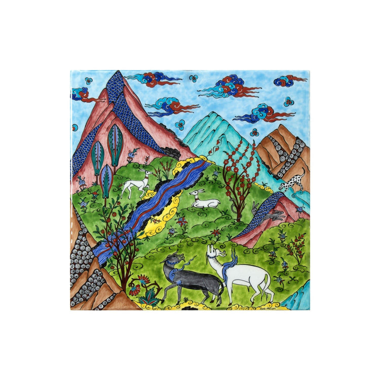 Doğa Minyatürü Desenli Tek Parça İznik Çini Karo (40x40cm) - Karolar