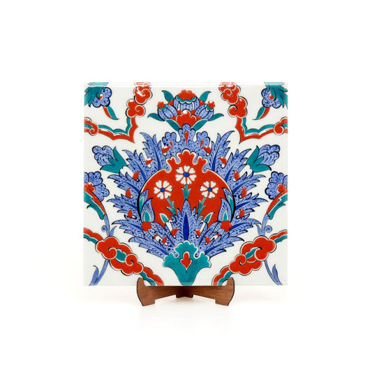 Kırmızı ve Mavi Hatayi Çiçek Desenli İznik Çini - Karolar