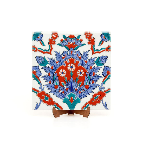 Kırmızı ve Mavi Hatayi Çiçek Desenli İznik Çini - Karolar