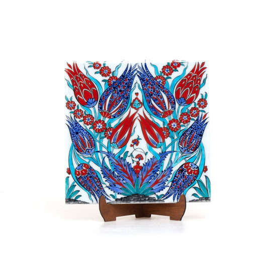 Kırmızı ve Mavi Lale Desenli İznik Çini Karo - Karolar