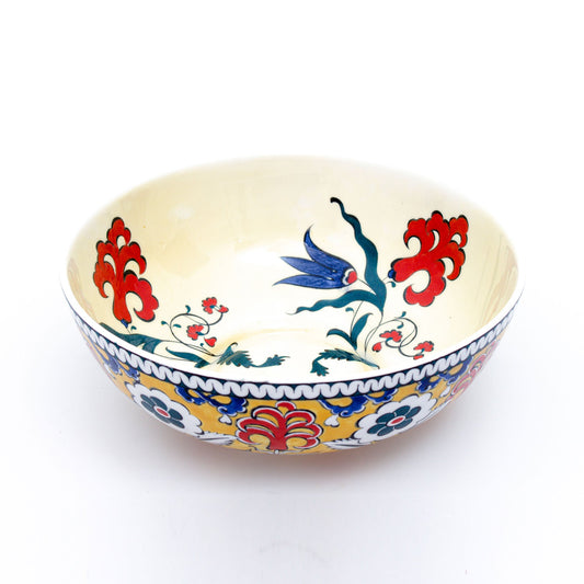 Kırmızı Zambak ve Mavi Lale İznik Çinisi Kase - Sarı Zeminli - Kaseler