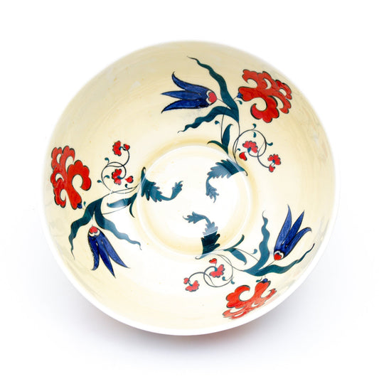 Kırmızı Zambak ve Mavi Lale İznik Çinisi Kase - Sarı Zeminli - Kaseler