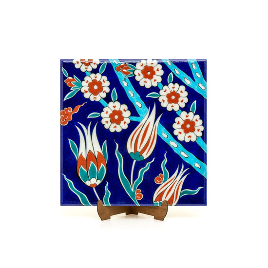 Lale ve Bahar Dalı Desenli İznik Çini Karo - Karolar