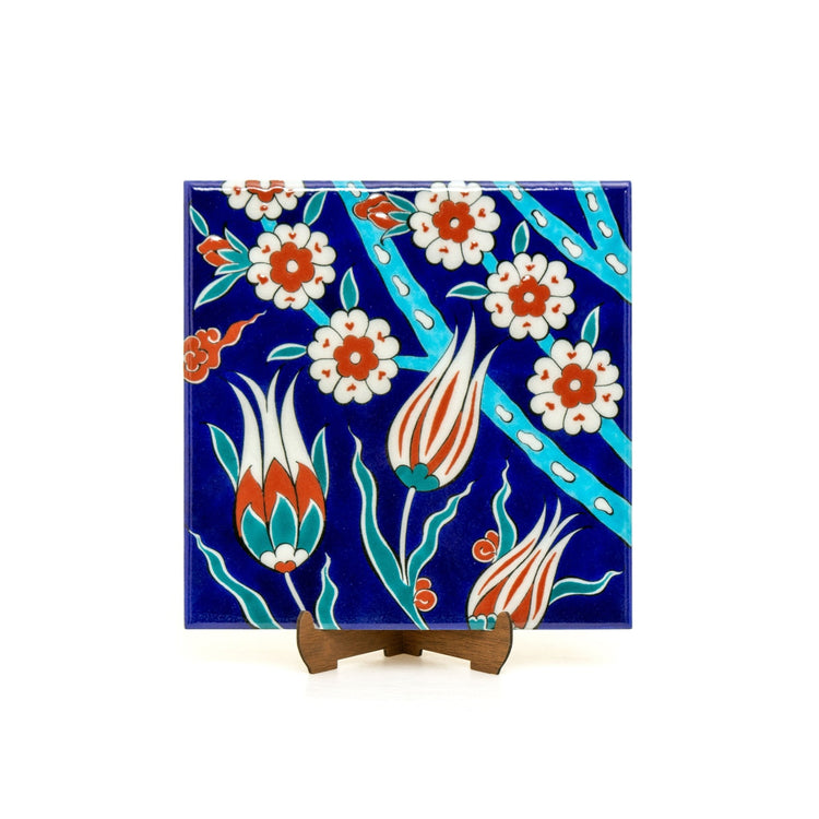 Lale ve Bahar Dalı Desenli İznik Çini Karo - Karolar