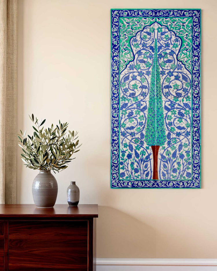 New Mosque Sultan's Pavilion Cypress Tree and Grape Pattern Iznik Tile Panel Replica