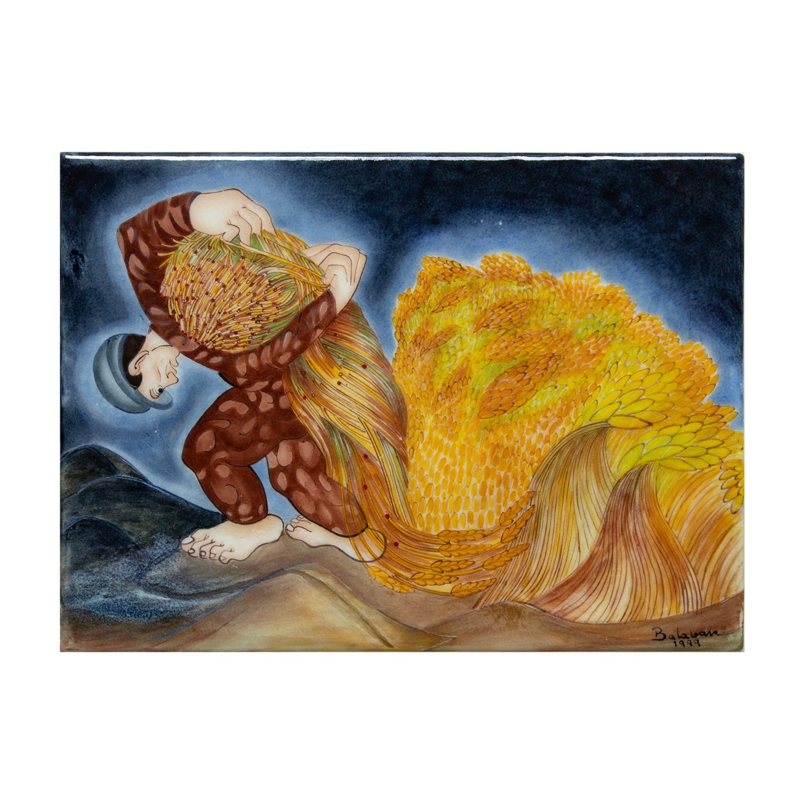 Man Carrying a Plow İznik Tile Panel, Painter İbrahim Balaban