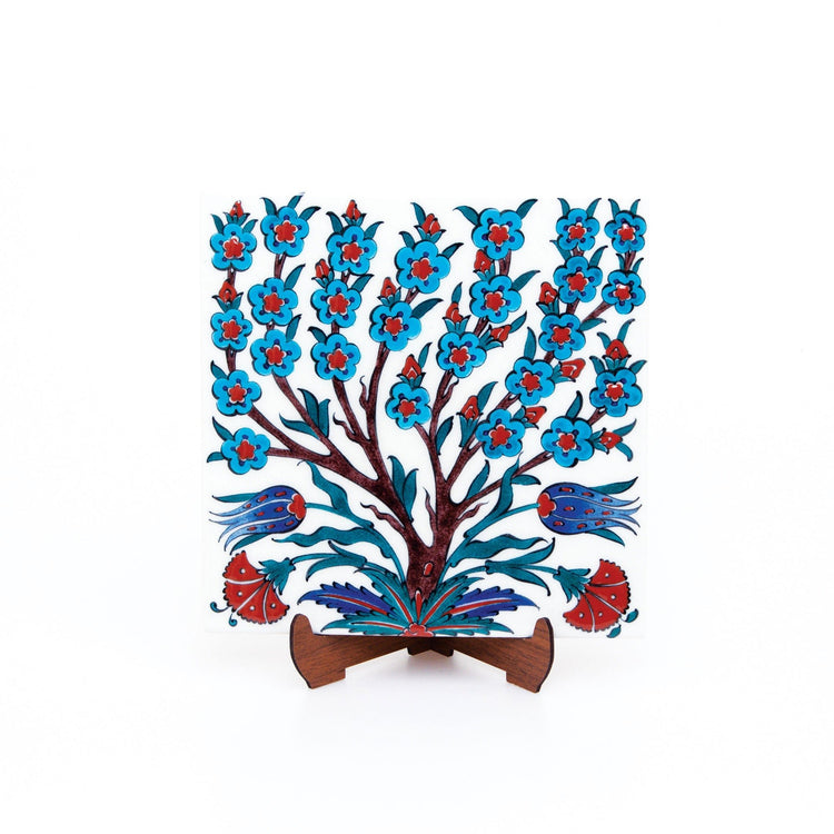 Turkuaz ve Beyaz Çiçekli Bahar Dalı Desenli İznik Çini Karo - Karolar