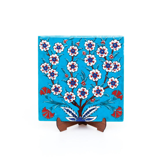 Turkuaz ve Beyaz Çiçekli Bahar Dalı Desenli İznik Çini Karo - Karolar