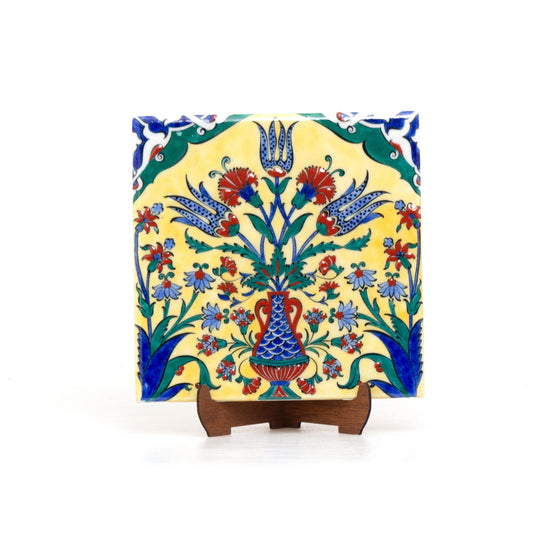 Üç Lale Desenli İznik Çini Karo - Sarı Zeminli - Karolar