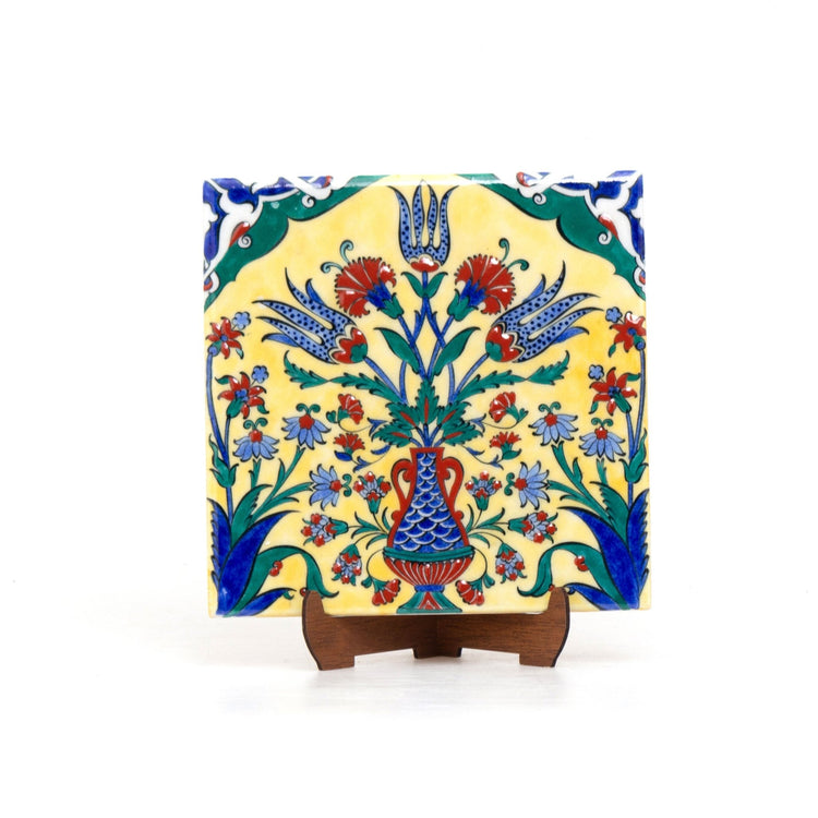 Üç Lale Desenli İznik Çini Karo - Sarı Zeminli - Karolar