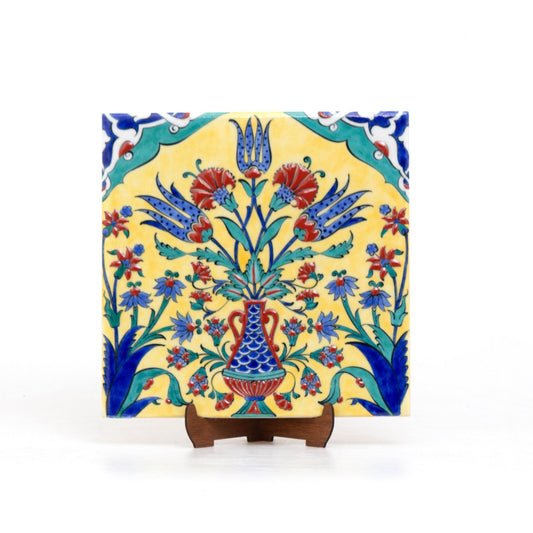 Üç Lale Desenli İznik Çini Karo - Sarı Zeminli - Karolar